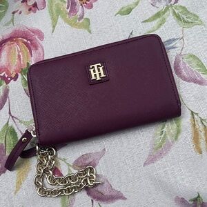 Tommy Hilfiger wine color wristlet with gold chain